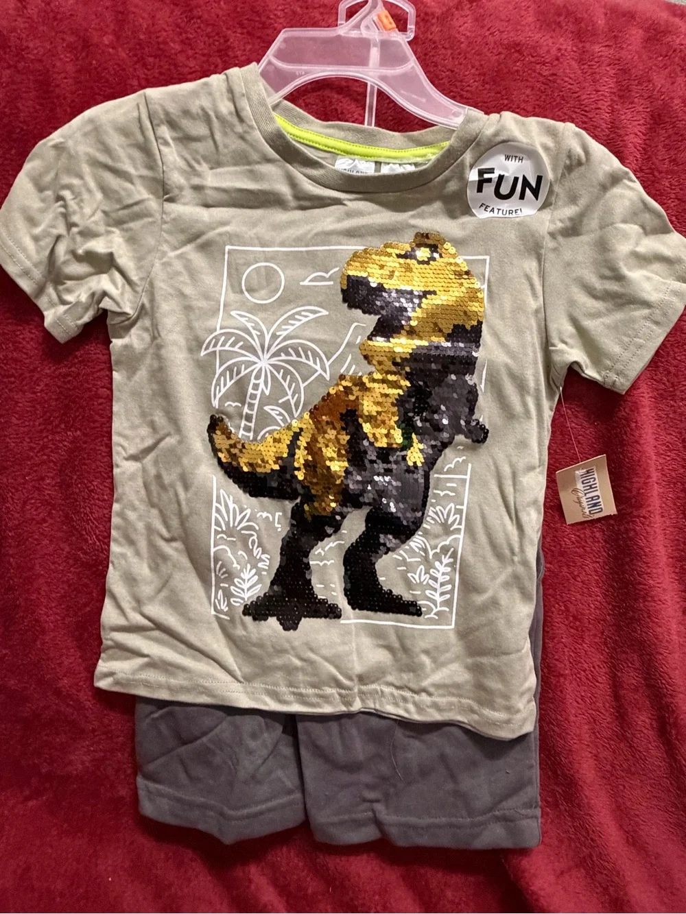 Kids Reversible Sequin Dino Tee - Khaki/Yellow